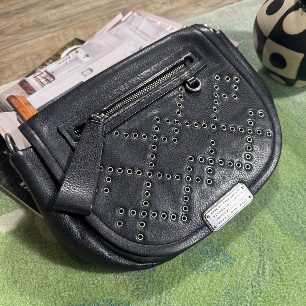 Marc by Marc Jacobs Black Pebbled Leather Grommet Studded Crossbody Bag No Strap